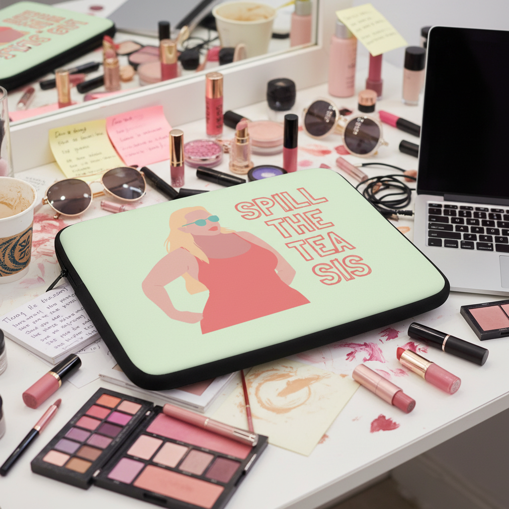 Mint green Spill the Tea Sis laptop sleeve with a femme blonde in a red dress, sunglasses, makeup palettes, lipsticks, and a laptop on a white desk.