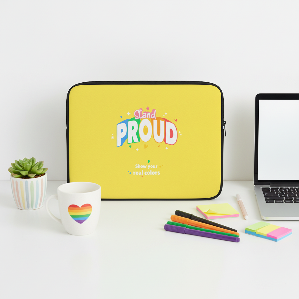 Yellow Stand Proud Laptop Sleeve with rainbow lettering sits on a white desk, beside a rainbow-heart mug, queer pens, and laptop.