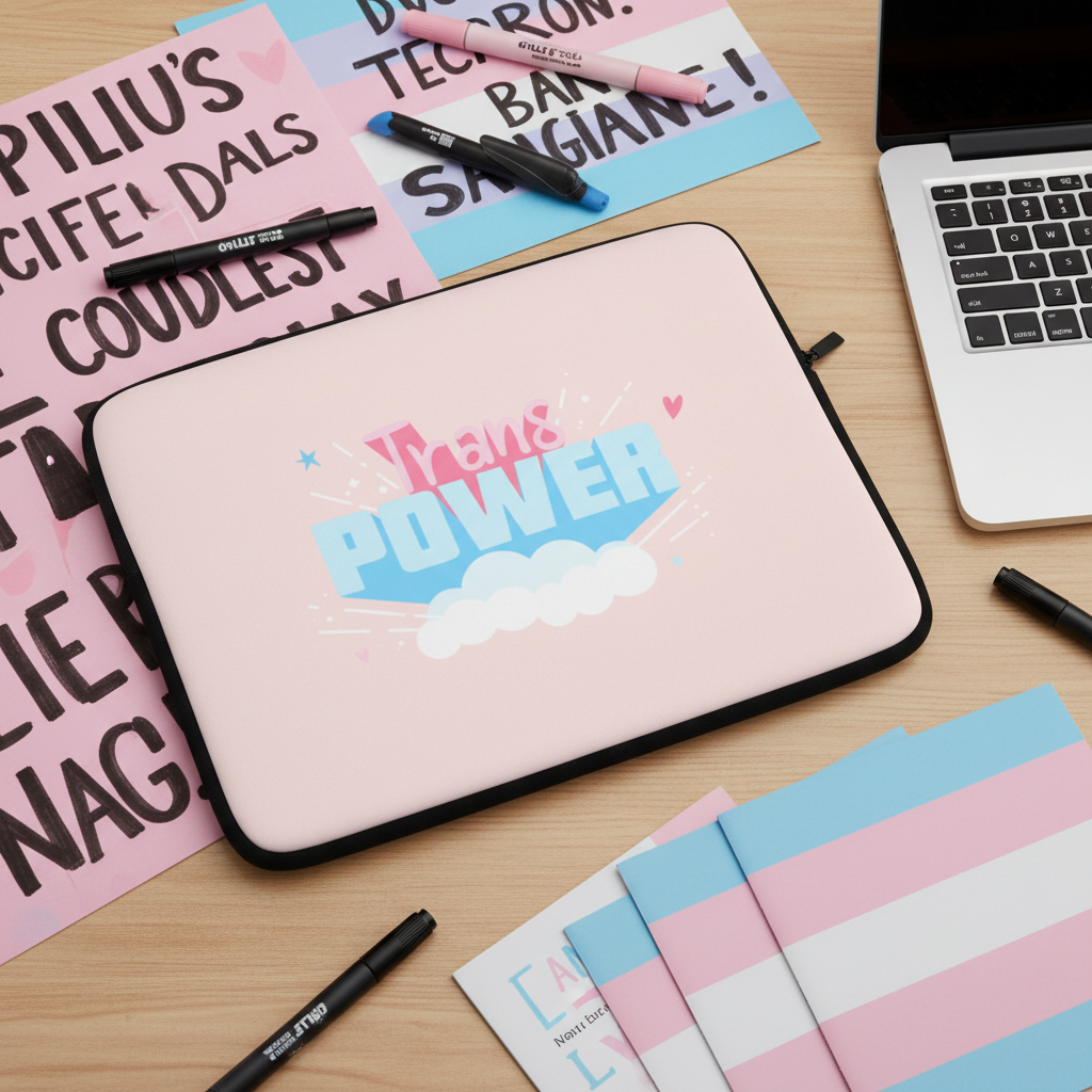 Trans Power laptop sleeve with “Trans Power” in bold blue and white on pink, cloud graphic, pastel trans flags, desk essentials nearby.