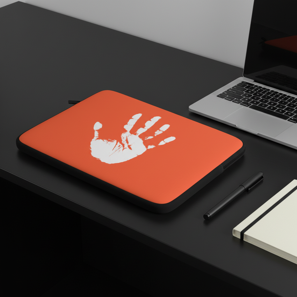 Stop Your Inner Saboteur Laptop Sleeve, bold orange with a white handprint, on a black desk near a closed laptop, pen, and notebook.