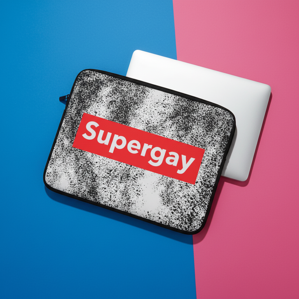 Supergay Laptop Sleeve with a black-and-white speckle and bold red "Supergay" label, half-covering a white laptop on blue-pink backdrop.