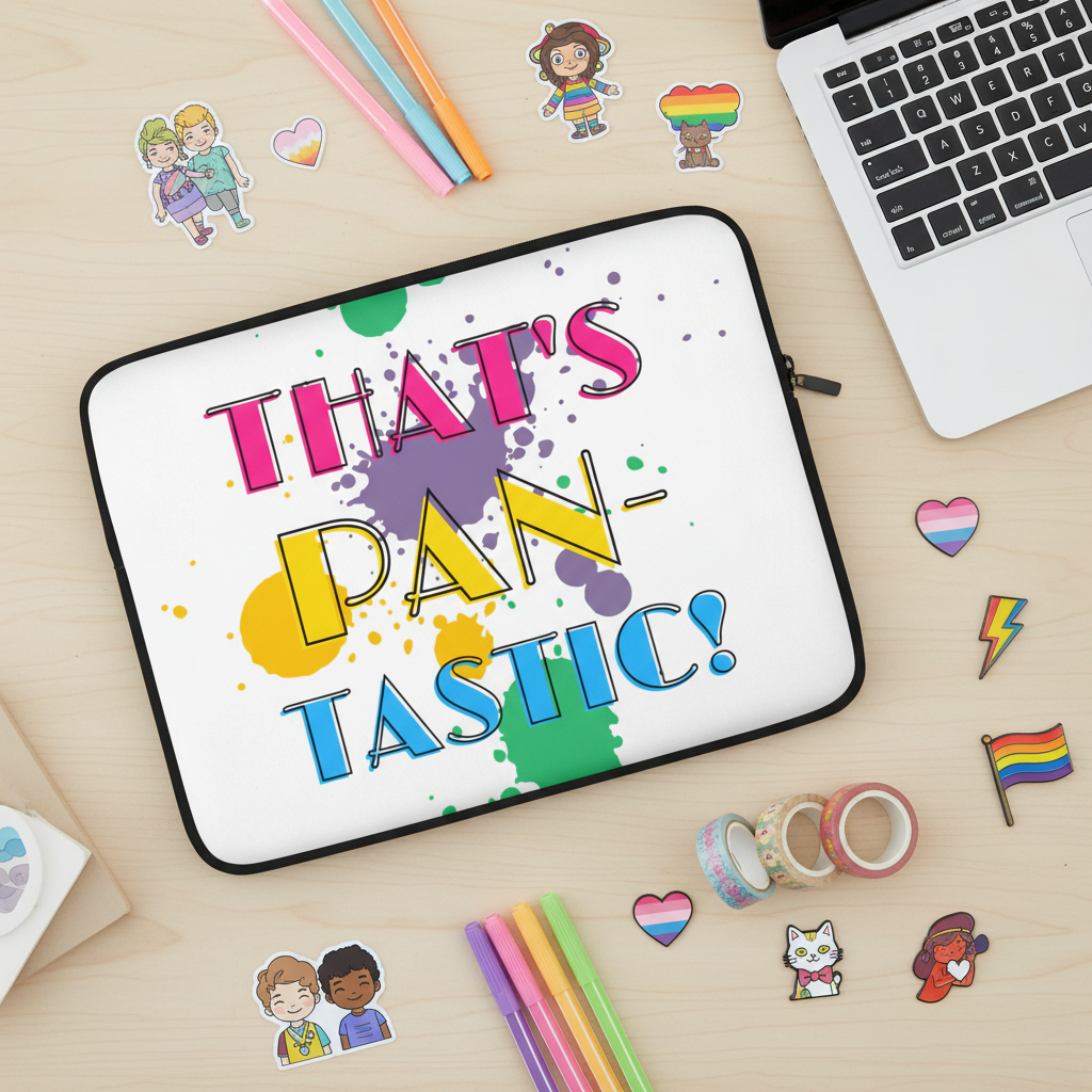 That's Pan-Tastic! Laptop Sleeve" with bright, bold text, rainbow and pan flags, pride stickers, pens, and queer stationery.