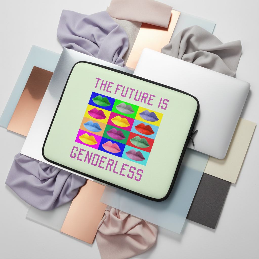 Laptop sleeve in mint green neoprene with black zipper, pop-art lips, pink "The Future Is Genderless" slogan; set on pastel pride tones.