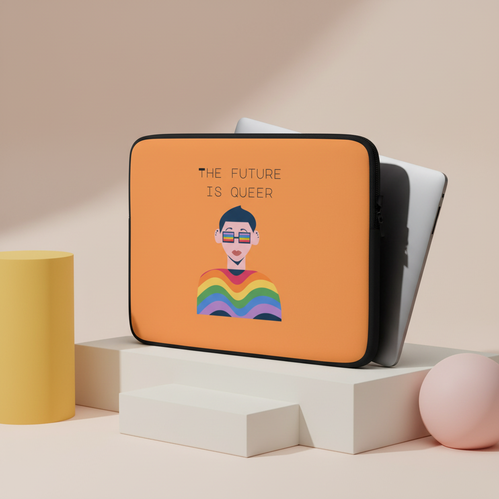 Orange laptop sleeve with “THE FUTURE IS QUEER” slogan, pastel geometric background, and art of a person in rainbow sunglasses.