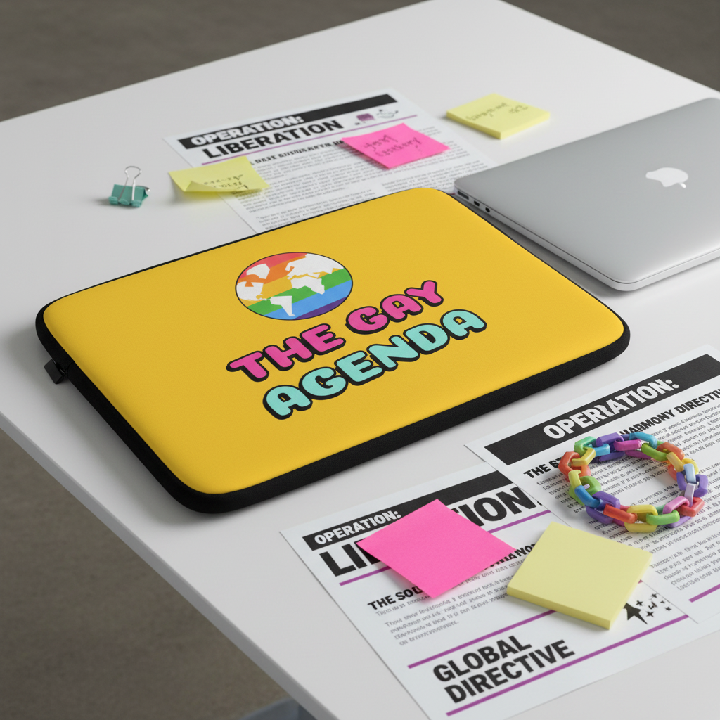 The Gay Agenda laptop sleeve, yellow with a rainbow globe and “The Gay Agenda” text, sits on a white table with queer swag.