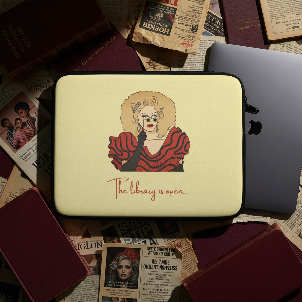 Laptop sleeve featuring an illustrated drag queen in red stripes and glasses with “The library is open...” text, set among vintage papers, photos, burgundy books, and a dark gray laptop.