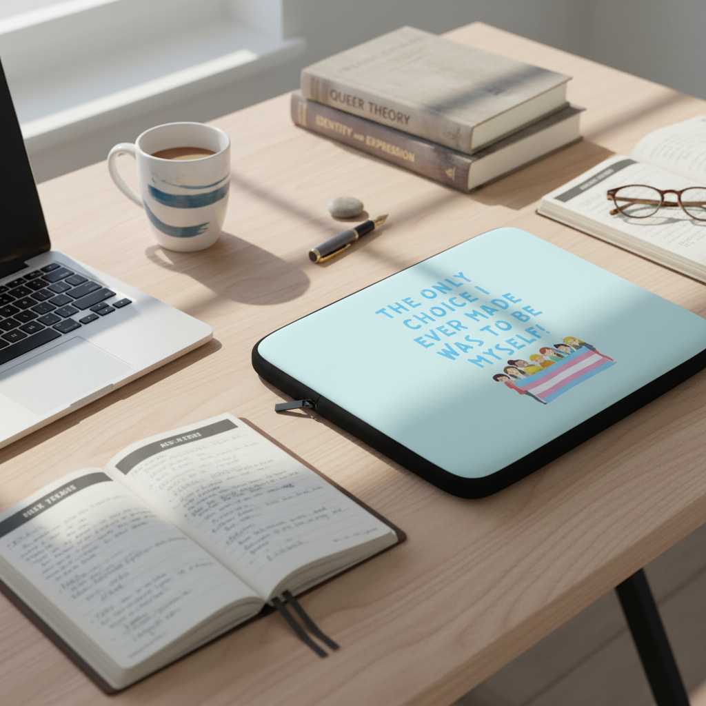 The Only Choice I Ever Made Laptop Sleeve with diverse queer illustrations and “The only choice I ever made was to be myself” sits on a neat desk beside an open laptop, striped mug, notebook, and glasses in sunlight.