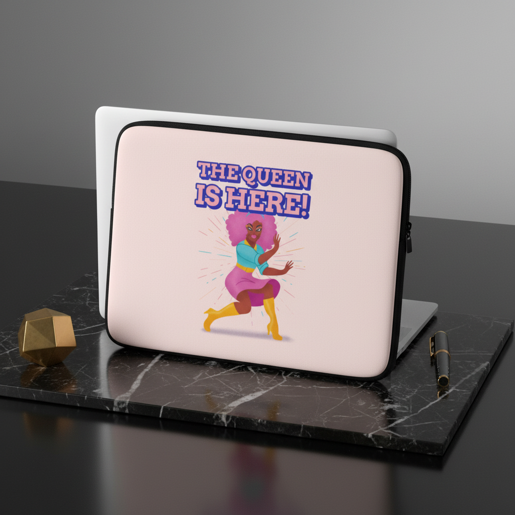 Laptop sleeve featuring bold “THE QUEEN IS HERE!” in bright purple above a proud femme with pink hair and fierce queer vibe.