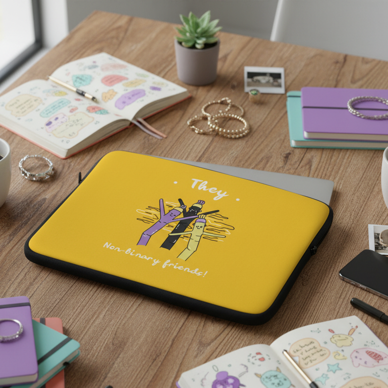 Yellow “They Non-binary friends!” laptop sleeve shows three folks hugging; on wood table with pridey notebooks, sketchbooks, and bracelets.