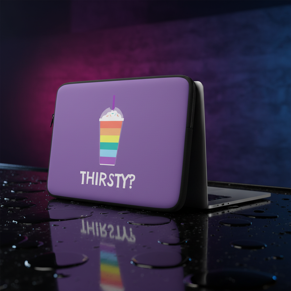 Purple laptop sleeve featuring a rainbow-striped milkshake, bold “THIRSTY?” slogan, and neon pink and blue highlights.