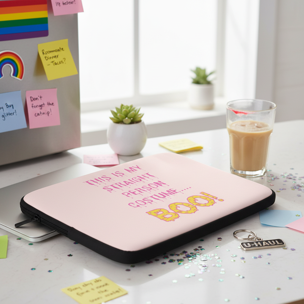 Pink laptop sleeve with “This Is My Straight Person ...Boo!” slogan on a desk amid iced coffee, U-HAUL keychain, queer clutter.