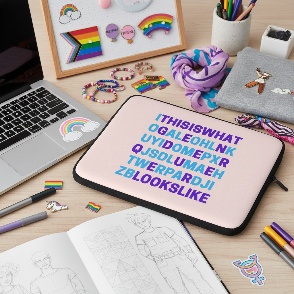 Pastel laptop sleeve with "This Is What Genderqueer Looks Like" in blue and purple, surrounded by pride flags and queer gear.