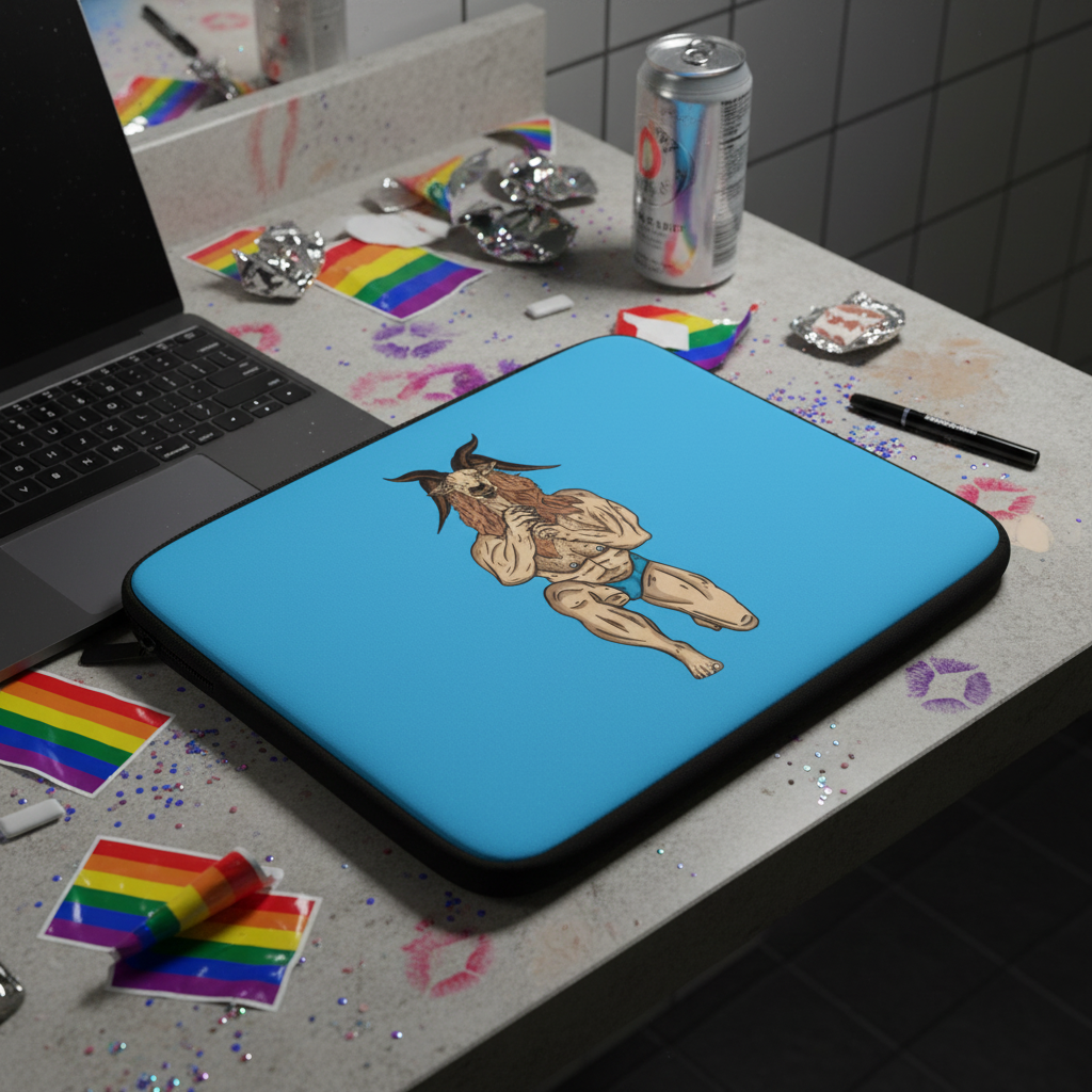 Blue "Throat Goat" laptop sleeve with jacked goat art sits on a messy bathroom counter with rainbow stickers, glitter, makeup, soda can.