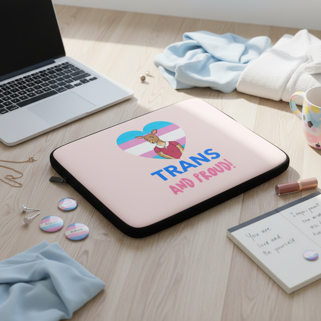 Trans And Proud laptop sleeve with a cartoon kangaroo and heart-shaped trans flag, “TRANS AND PROUD!” on wooden desk in sunlight.