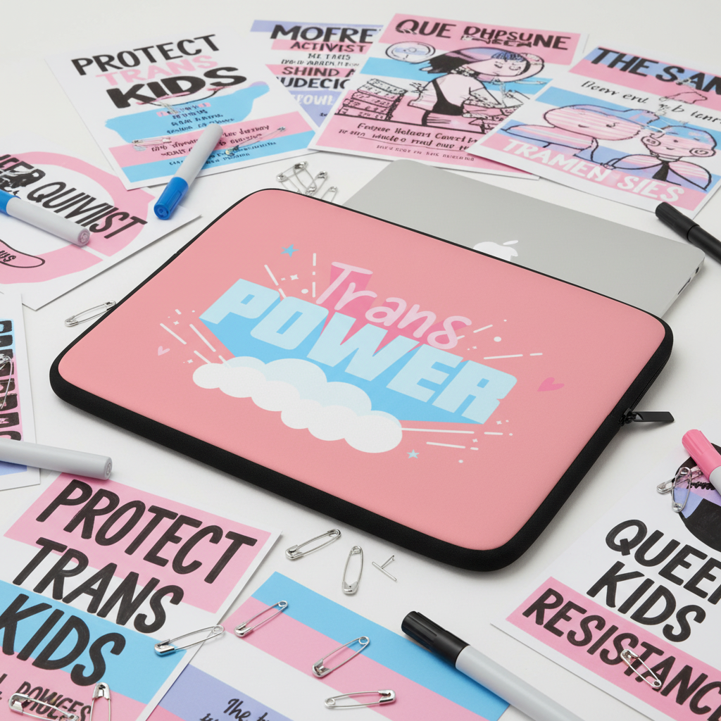 Trans Power laptop sleeve in trans flag pink and blue with clouds and stars, surrounded by “Protect Trans Kids” and “Queer Resistance” flyers, pens, paper clips, and safety pins—repping trans pride.
