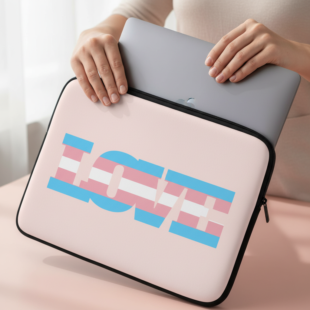 Transgender Love Laptop Sleeve with bold "LOVE" in trans flag colors—light blue, pink, and white—on a soft neutral backdrop.