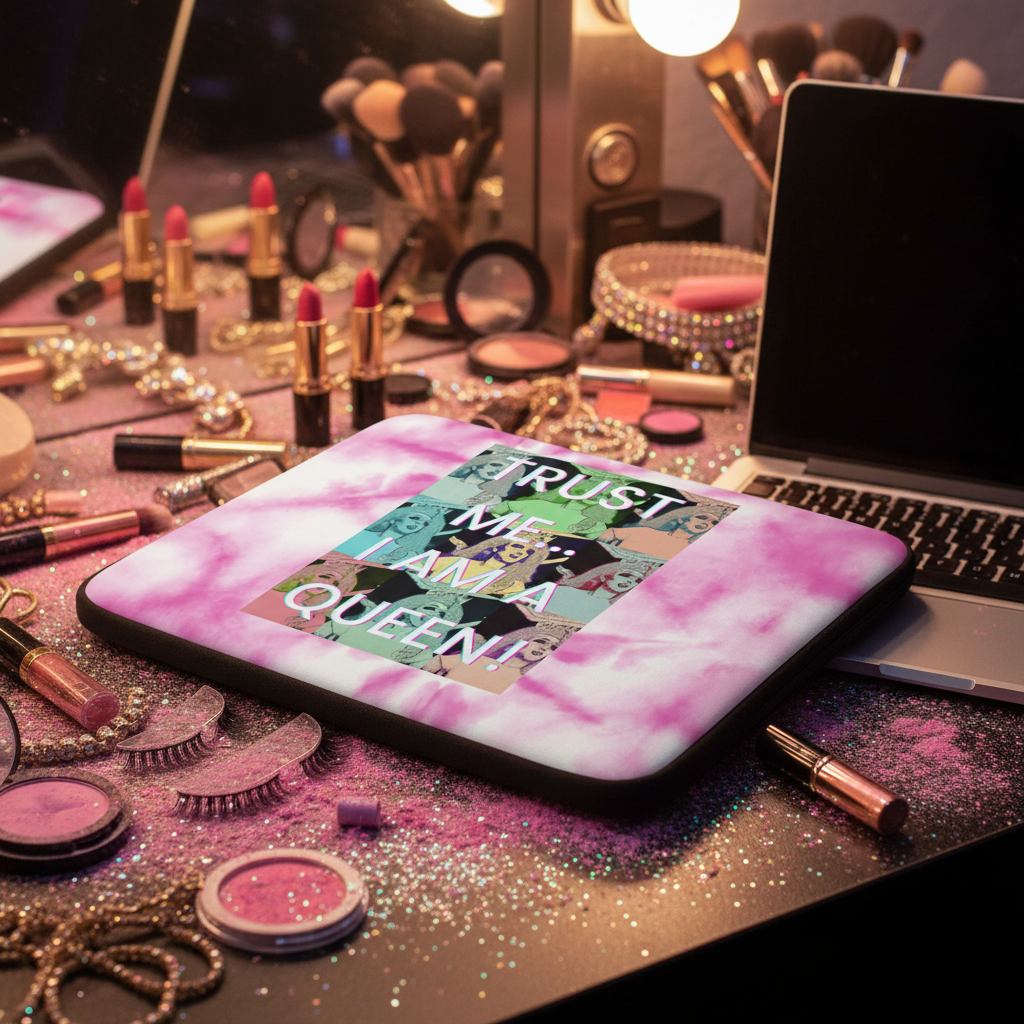 “Trust Me...I Am A Queen!” laptop sleeve, bold lettering, sits on a makeup vanity with jewelry, brushes, lipstick, and false lashes.