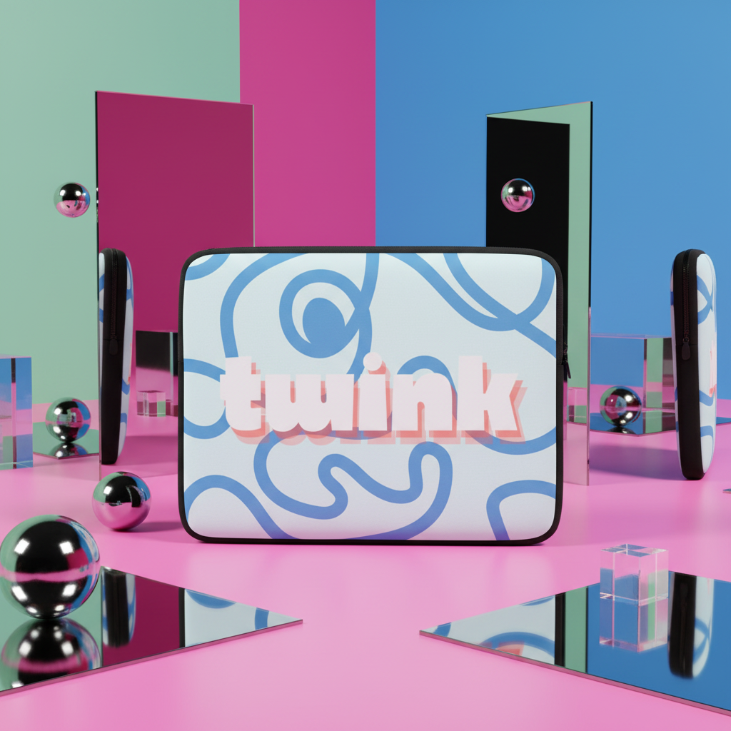 Twink Laptop Sleeve with abstract blue art, 3D pink-and-white "twink" text, mirrors, chrome orbs on a pink floor and bold blue-green backdrop.