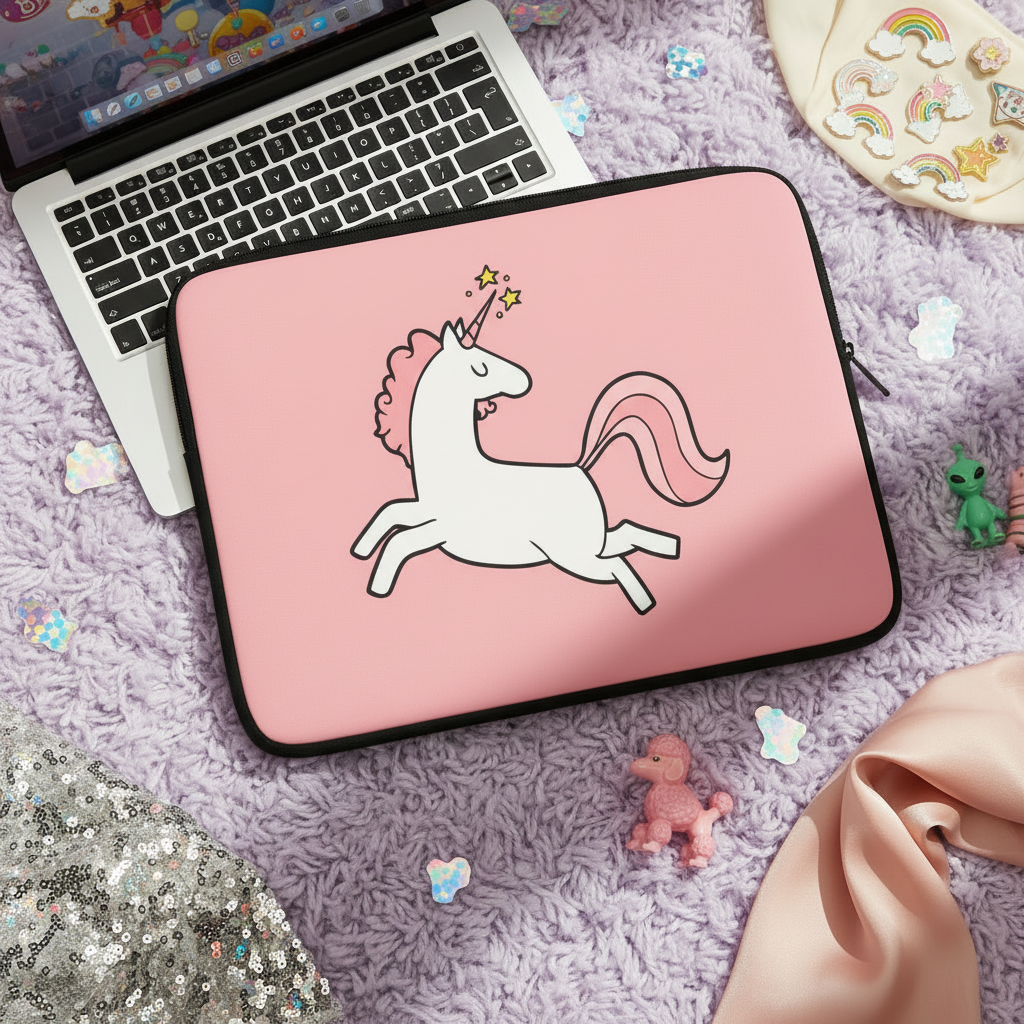 Unicorn laptop sleeve in pink neoprene, featuring a white unicorn with pink mane, yellow stars near horn; on a lavender fluffy rug.