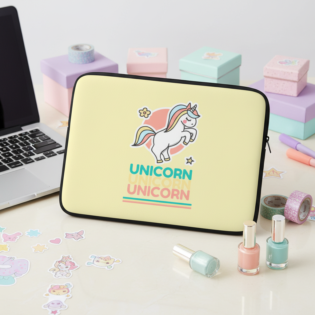 Yellow water-resistant laptop sleeve with “UNICORN” in blue, coral, yellow and a unicorn graphic, on a desk with cute pastel gifts.