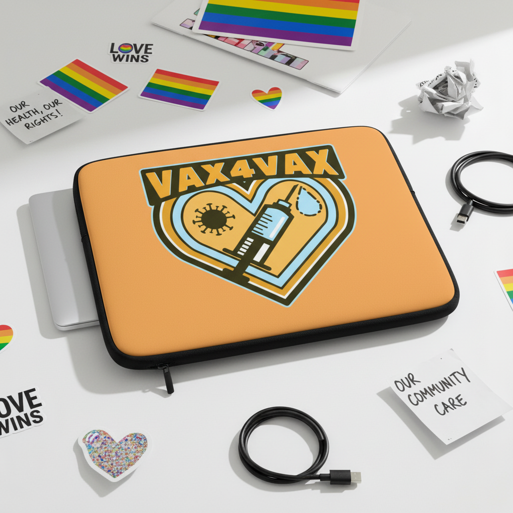 Vax 4 Vax laptop sleeve with heart-shaped “VAX4VAX” queer logo, syringe and virus, on white desk with rainbow flags, “LOVE WINS” cards, cables, crumpled paper, a heart sticker and an “OUR COMMUNITY CARE” note.