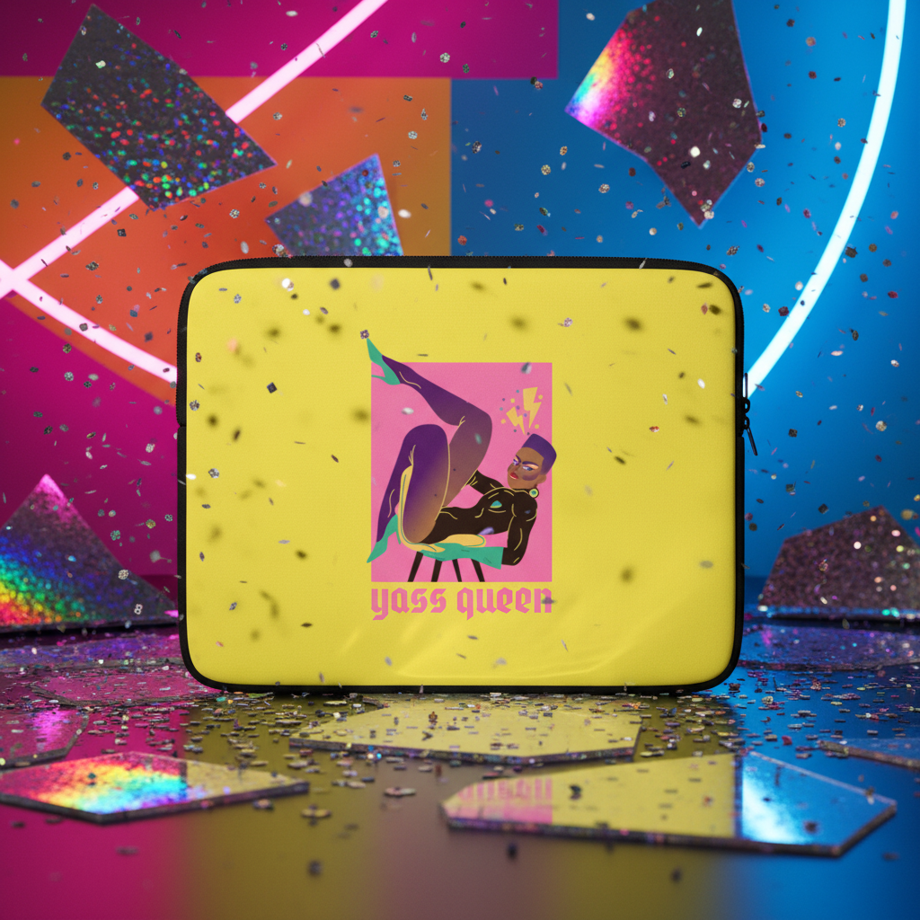 Laptop sleeve in bold yellow with a cartoon drag queen, pink "yass queer" text, confetti, and neon blue-pink geometric backdrop.