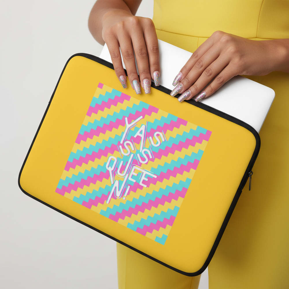 Yasss Queen Laptop Sleeve with a yellow neoprene body, black zipper, pink and teal zigzags, and bold white “Yas Queen” text.