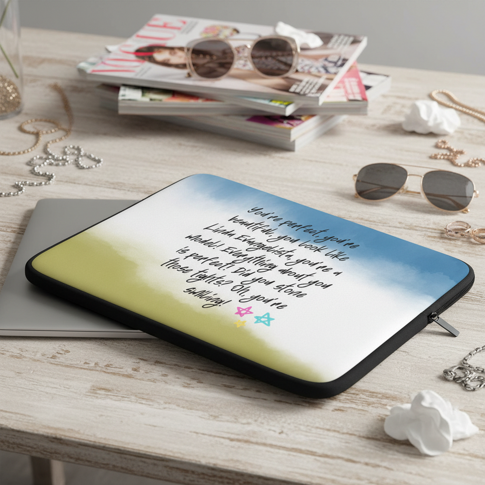 Angled laptop sleeve with blue-to-yellow gradient, handwritten quote, and colorful stars