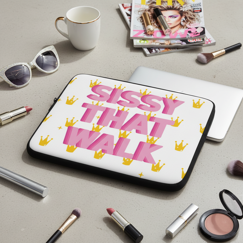 Laptop sleeve with bold pink "The Sissy That Walk" text and yellow crowns sits on a gray table near makeup, sunnies, and drag mags.