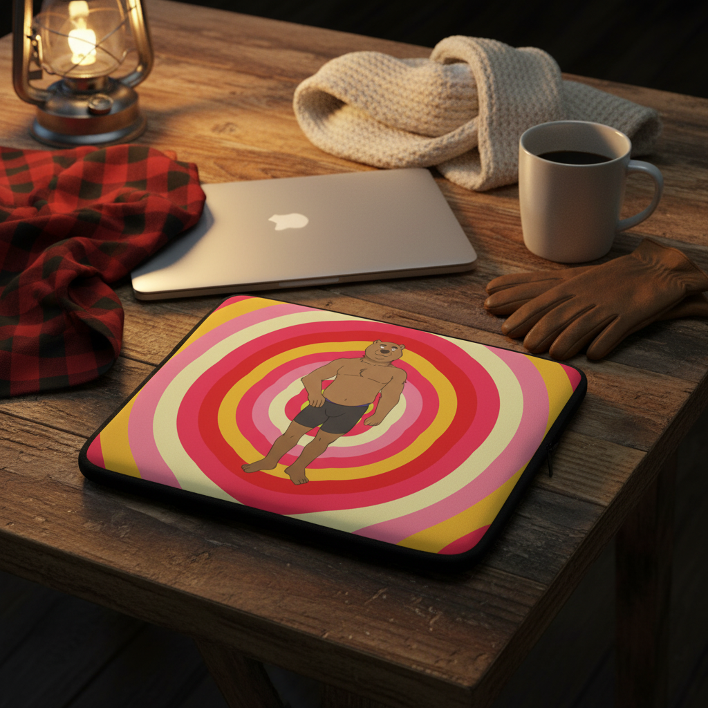 Gay Cub Laptop Sleeve on a rustic wood table, featuring a cartoon bear in shorts, rainbow circles, MacBook, mug, and lantern.