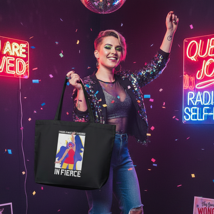 Young person joyfully poses with the Master's Degree In Fierce Large Organic Tote Bag, featuring a vibrant comic-style figure and IN FIERCE slogan, embodying pride and eco-conscious self-expression amidst a lively, inclusive atmosphere.