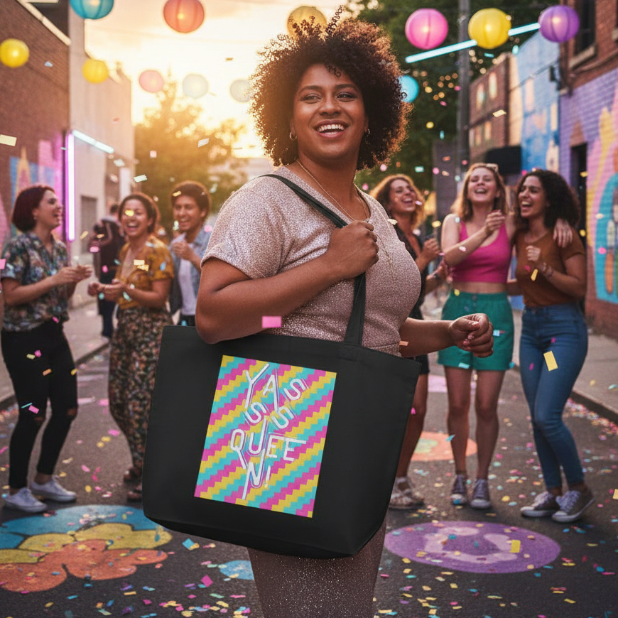 Person proudly carrying the Yasss Queen Large Organic Tote Bag with a zig-zag rainbow pattern and QUEER text, amidst a vibrant festival, embodying pride, identity, and eco-friendly self-expression.