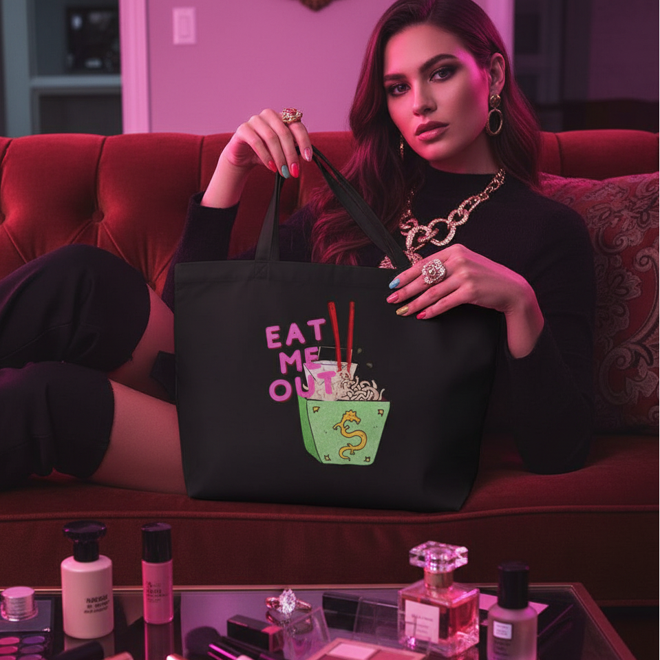 Eat Me Out Large Organic Tote Bag held by a stylish woman on a red sofa, featuring a playful noodle box design, amidst vibrant cosmetics and jewelry, embodying eco-friendly, queer pride and self-expression.