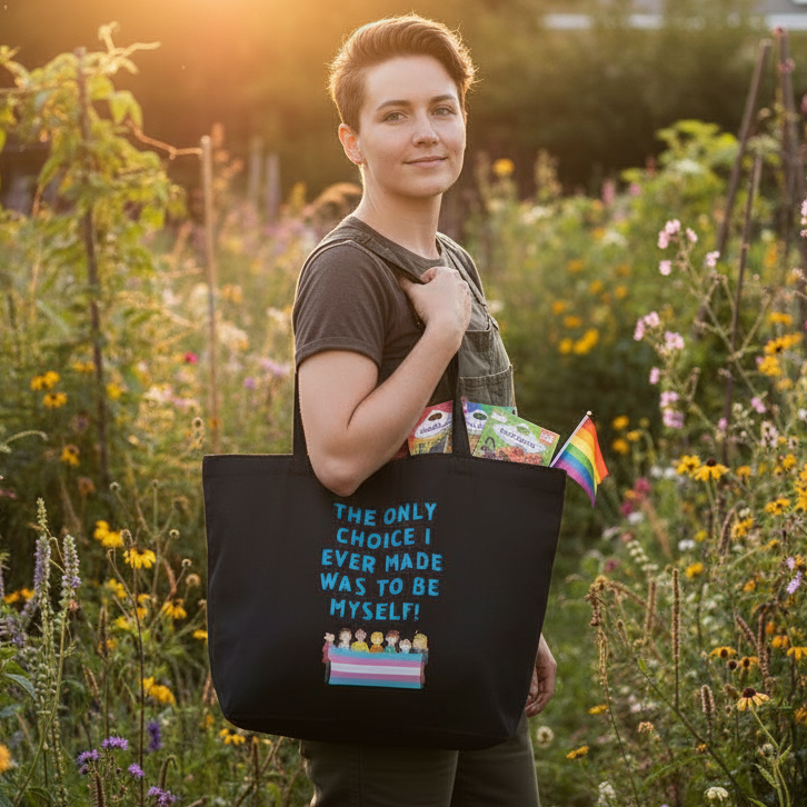 Young person in a meadow at golden hour, showcasing The Only Choice I Ever Made Large Organic Tote Bag with a pride flag. The bag, perfect for self-expression, reads, THE ONLY CHOICE I EVER MADE WAS TO BE MYSELF!.