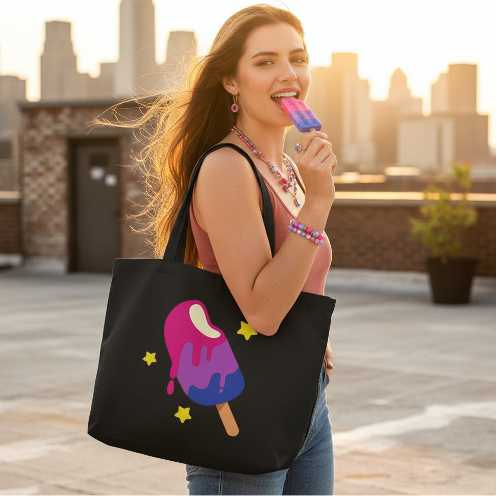 A young woman on a rooftop at sunset carries the Bisexual Popsicle Large Organic Tote Bag, featuring a dripping popsicle graphic, symbolizing pride and self-expression with vibrant, inclusive energy.