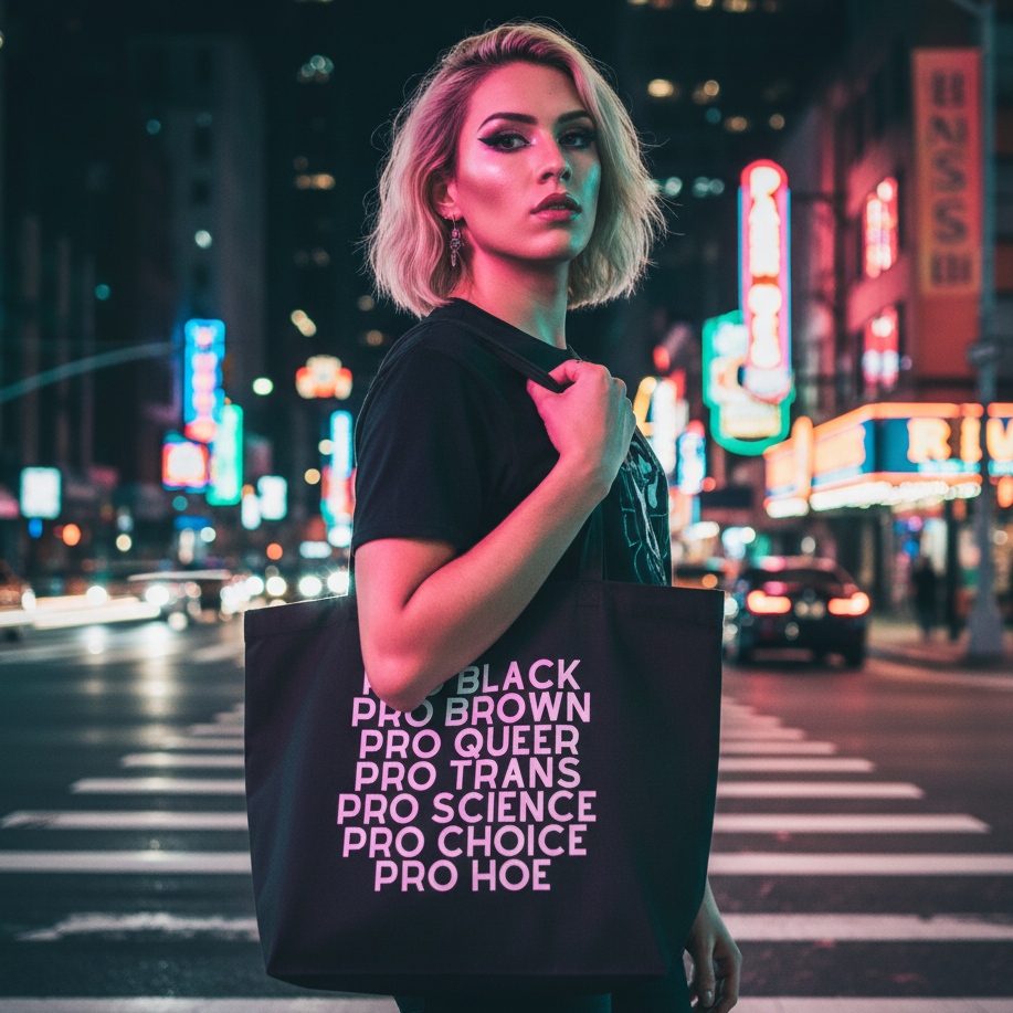 Model carrying a black tote bag reading “PRO BLACK, PRO BROWN, PRO QUEER, PRO TRANS, PRO SCIENCE, PRO CHOICE, PRO HOE”