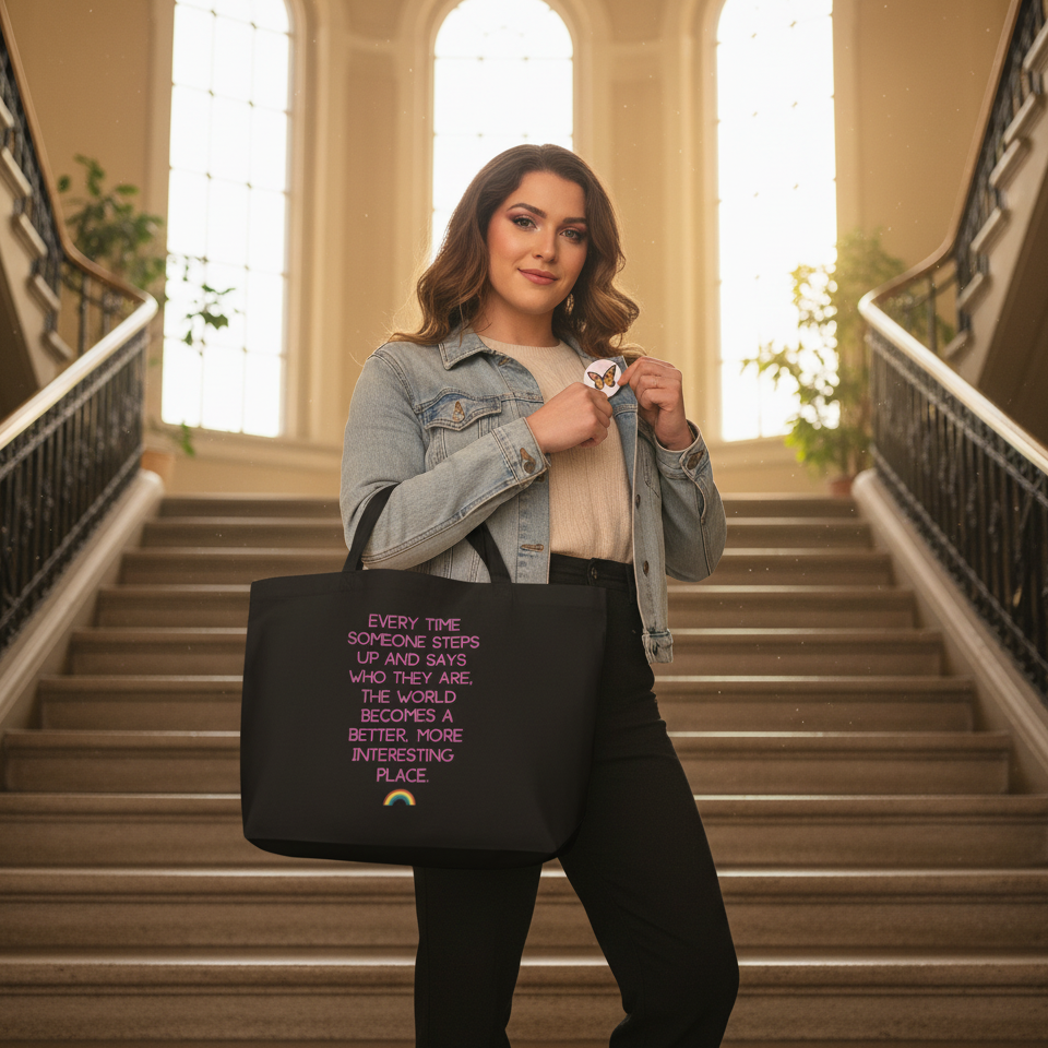 A woman carries a black tote bag with pink text and a rainbow graphic on grand stairs