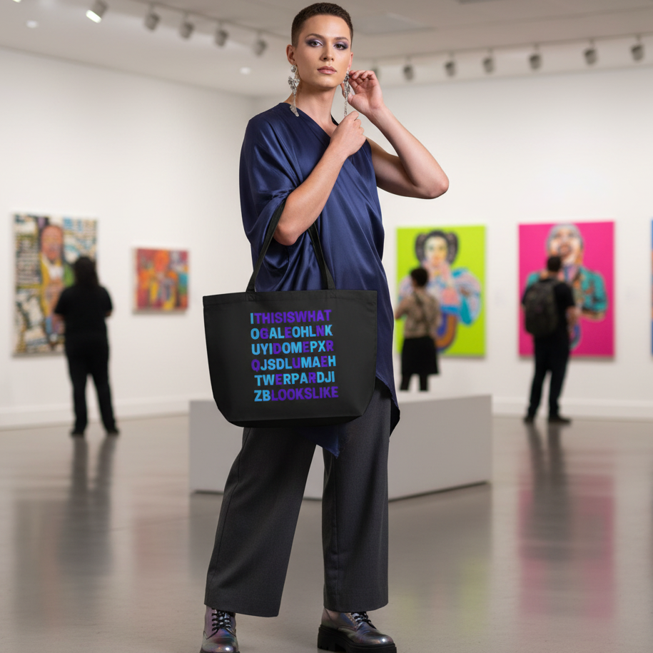 Model showcasing the This Is What Genderqueer Looks Like Large Organic Tote Bag with a typographic design in a vibrant art space, embodying queer pride and self-expression through bold, eco-conscious fashion.