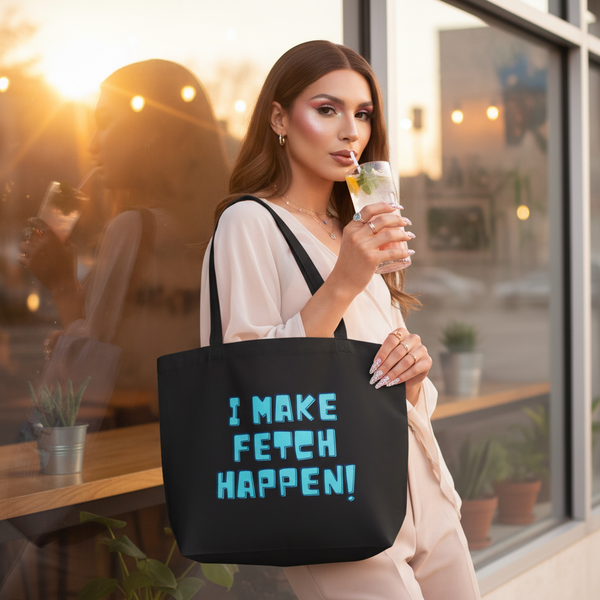 Model holding a black tote bag reading “I MAKE FETCH HAPPEN!”