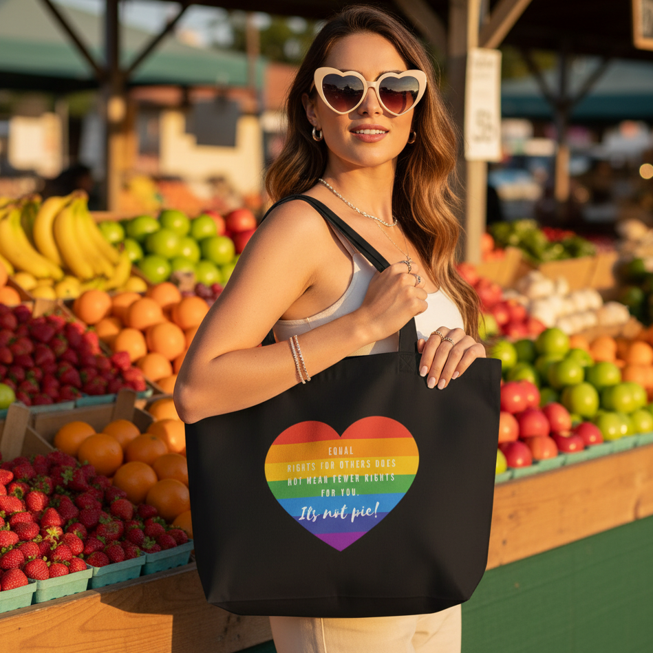 Young woman at a market with the It's Not Pie Large Organic Tote Bag, featuring a rainbow heart and equality slogan, embodying prideful self-expression and eco-consciousness with ample space for essentials.