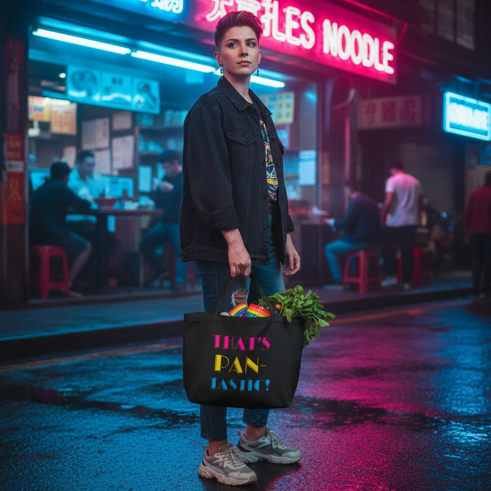 Person carries 'That's PAN-TASTIC!' Large Organic Tote Bag, showcasing fresh greens and rainbow package. Reflective neon street scene enhances the tote's eco-conscious, prideful self-expression from Queer In The World store.