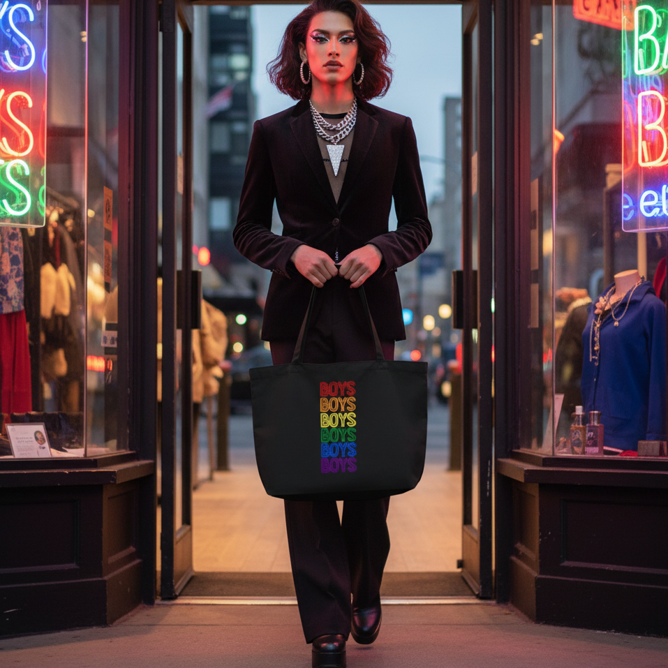 Black tote bag with stacked rainbow “BOYS” lettering, carried by a model outside a shop