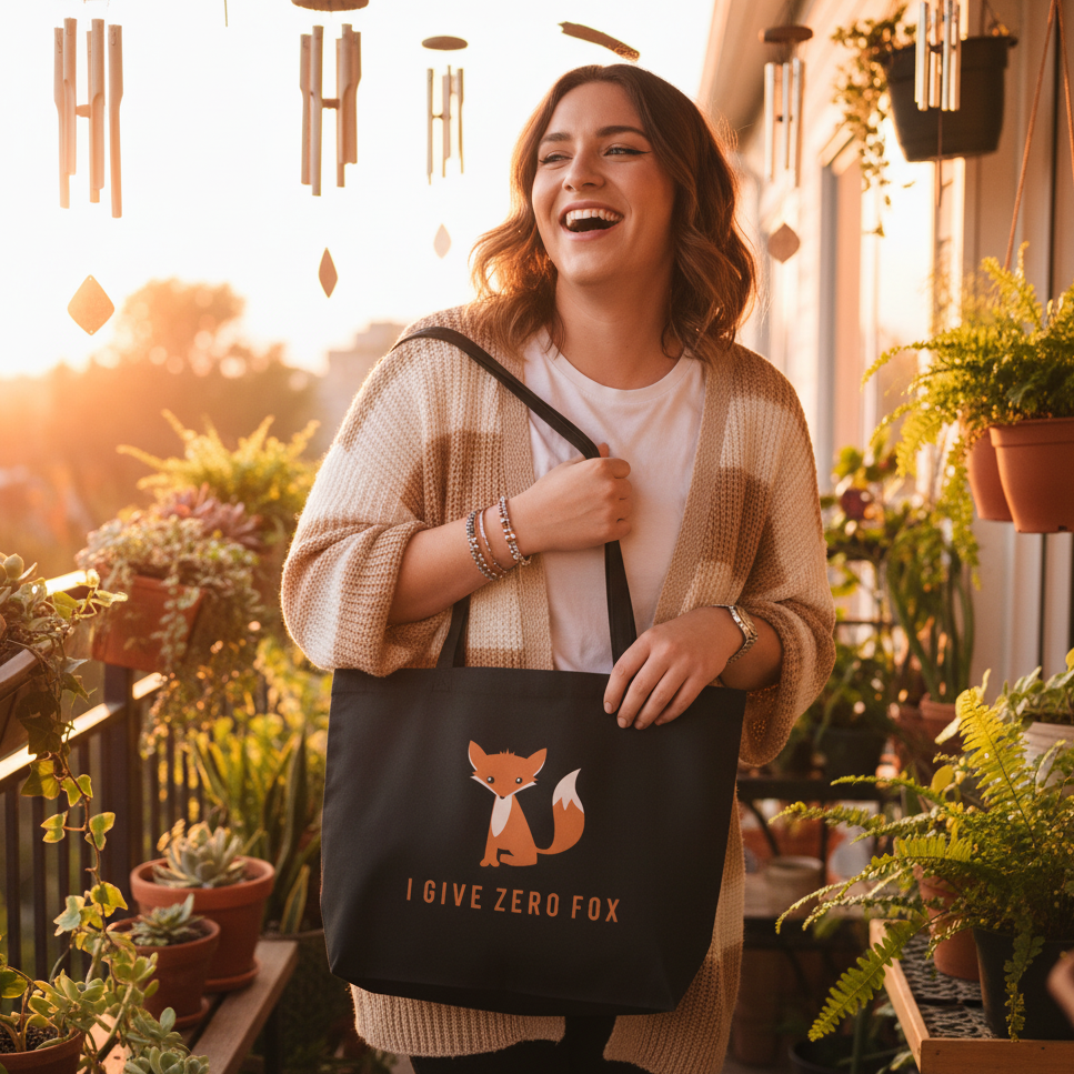 Black tote bag with fox illustration and “I GIVE ZERO FOX” text, carried on a plant-filled balcony