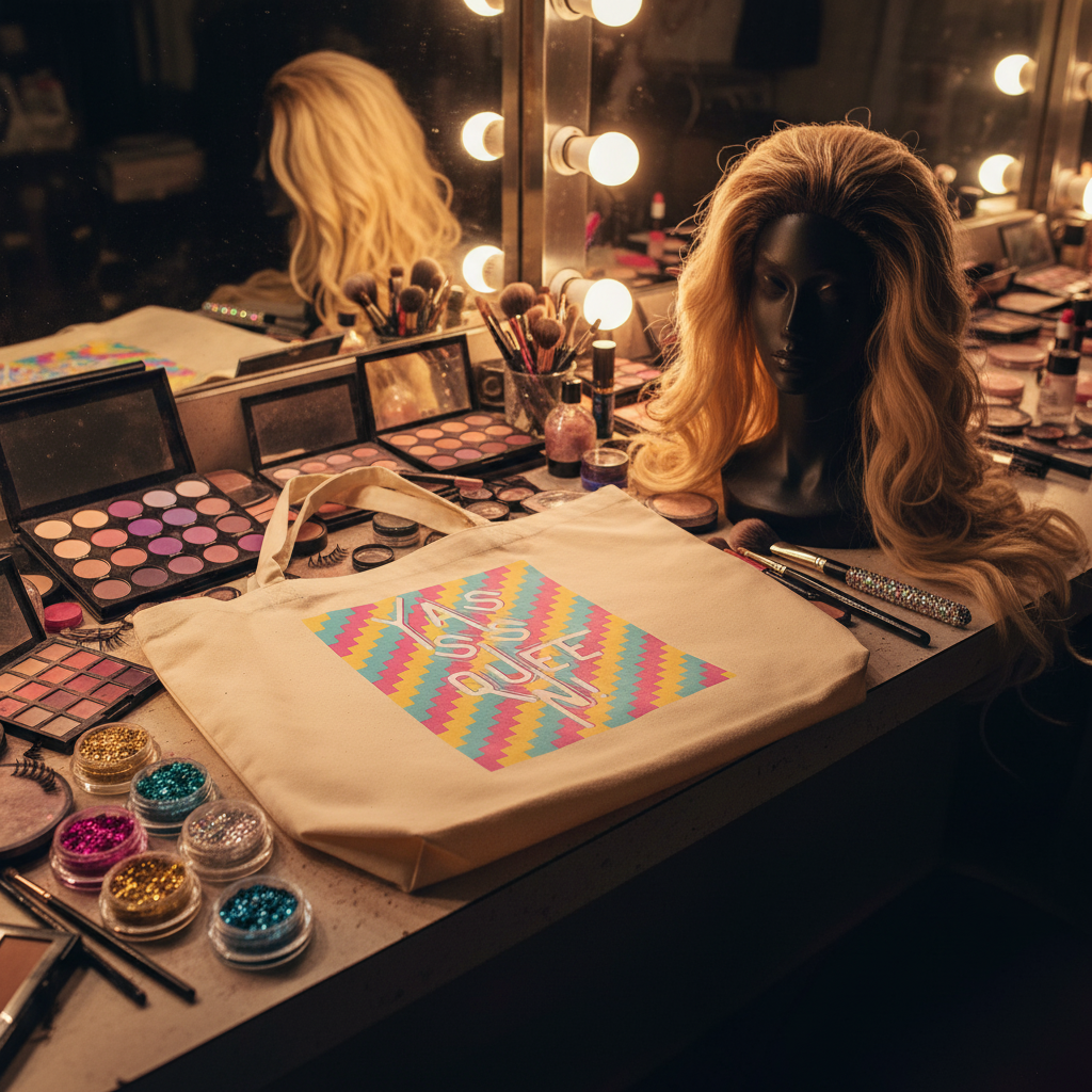 Yasss Queen Large Organic Tote Bag with a vibrant geometric design sits on a makeup-artist's vanity, surrounded by palettes, brushes, and a mannequin head, celebrating queer pride and sustainable style.