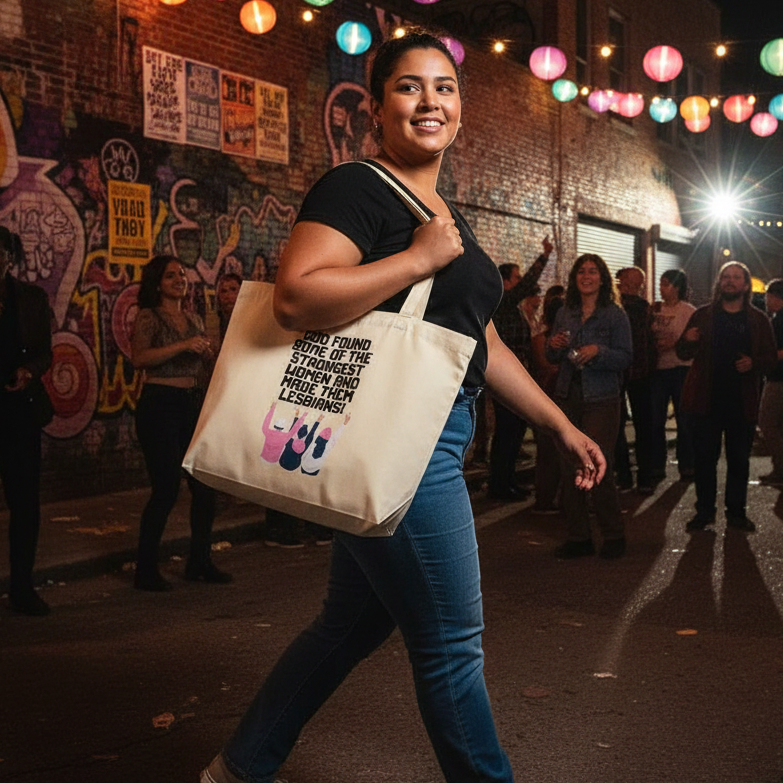 God Found The Strongest Women Large Organic Tote Bag features a bold slogan, carried confidently in a lively, lantern-lit alleyway, embodying queer pride and eco-conscious fashion in vibrant celebration.