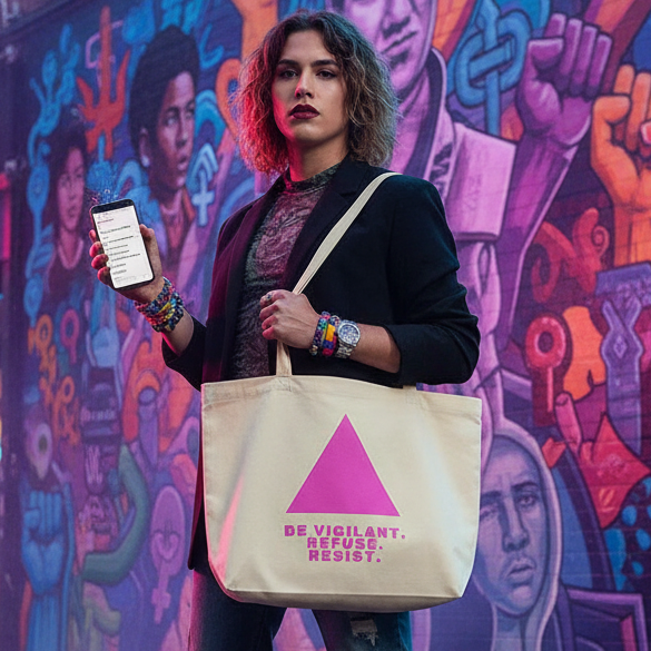 Model holding a cream organic tote bag with pink triangle and “BE VIGILANT. REFUSE. RESIST.” slogan