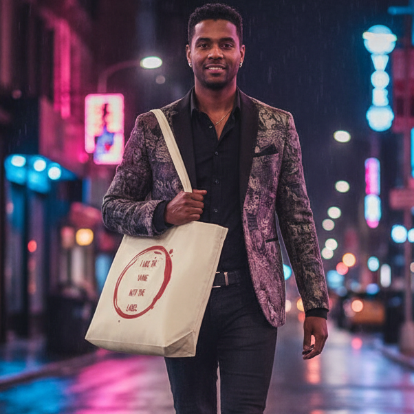 Person carrying a cream tote bag reading “I like the wine, not the label” on a neon-lit street