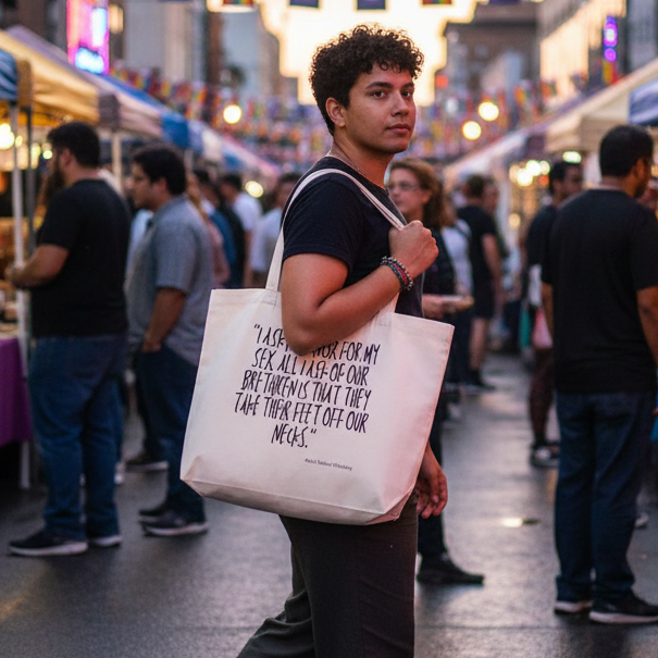 A young person carries the I Ask No Favors For My Sex Large Organic Tote Bag at a vibrant street market, making a bold, prideful statement with queer, eco-friendly flair.