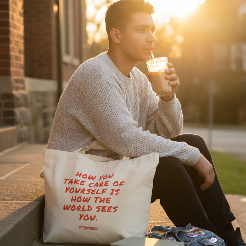 In a sunlit street scene, a person carries an organic tote reading “How you take care of yourself is how the world sees you.”