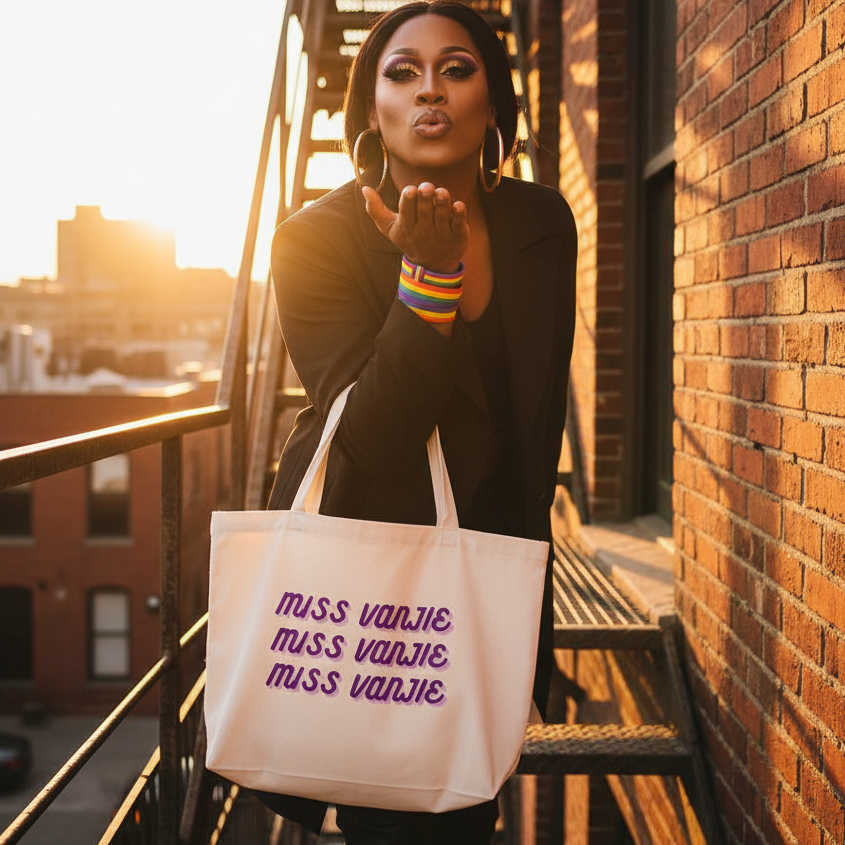 Model holding a white Miss Vanjie tote bag with repeated purple lettering on a city fire escape